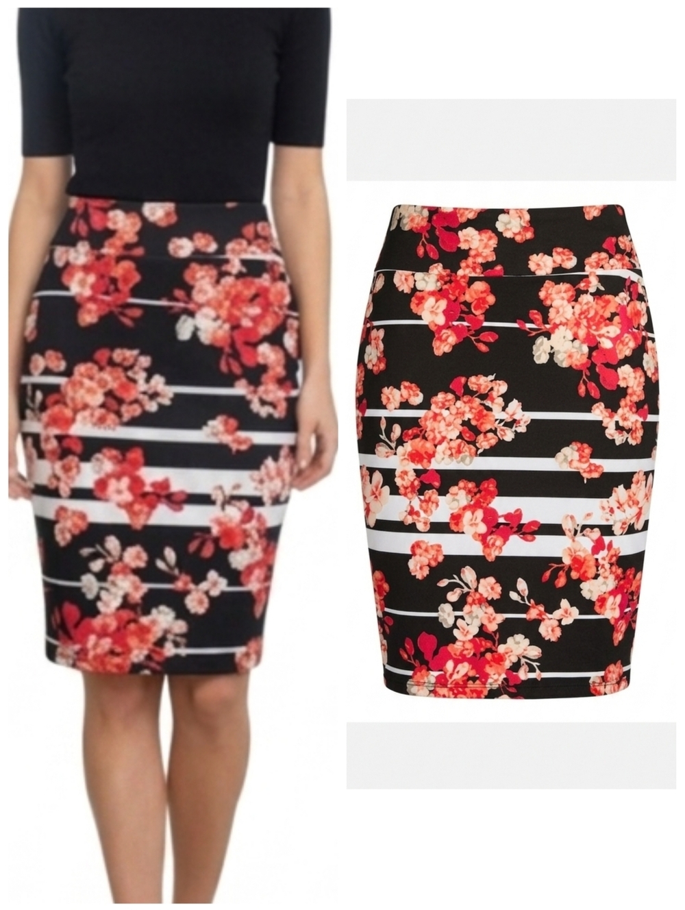 Thalia Sodi Floral Striped Scuba Pencil Skirt women's size medium